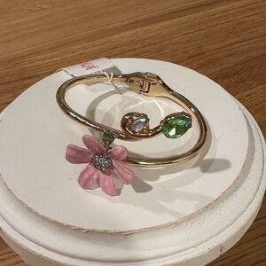 Betsey Johnson Gold Bracelet with Pink Flower and Green Gem